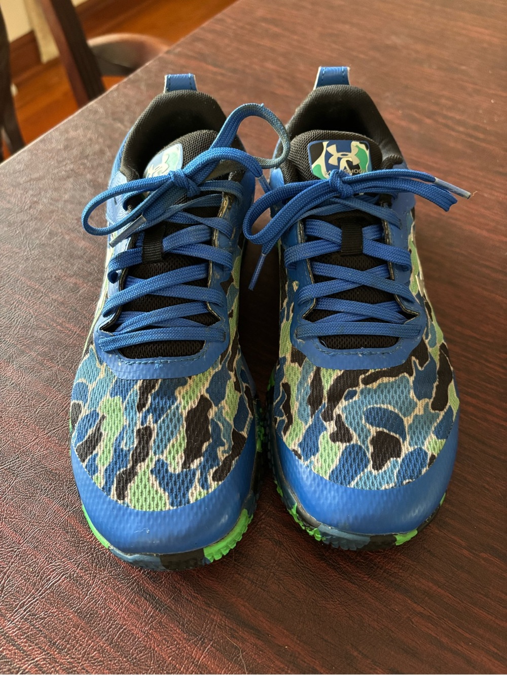 Under Armour Blue and Green Camo Kids Sneakers